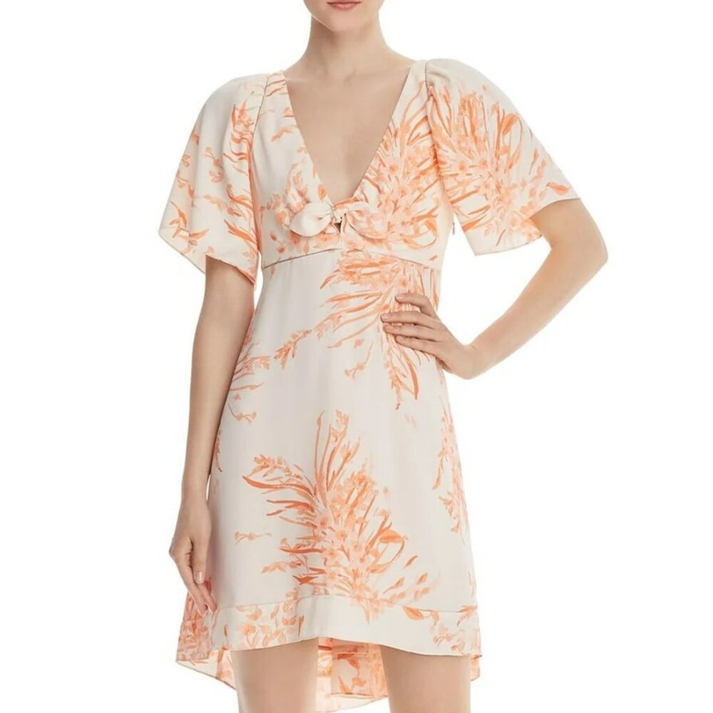 JOIE Floral Bow Detail Printed Short Sleeve V Neck A-line Hi-Lo Cocktail Dress